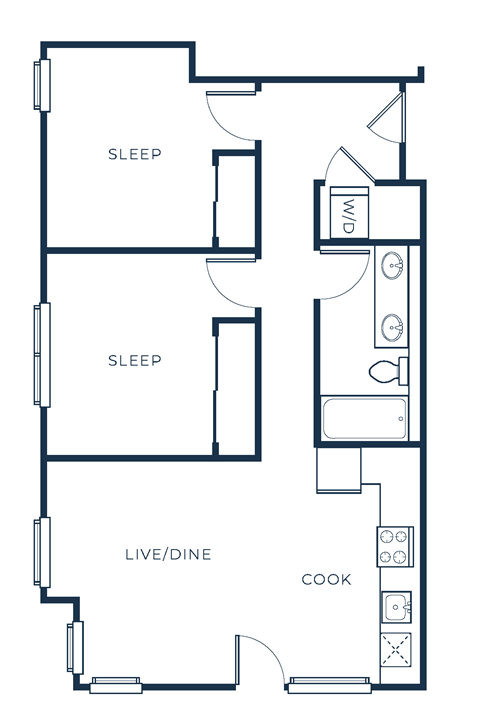 A floor plan of a house with labeled rooms including sleep, live/dine, and cook.